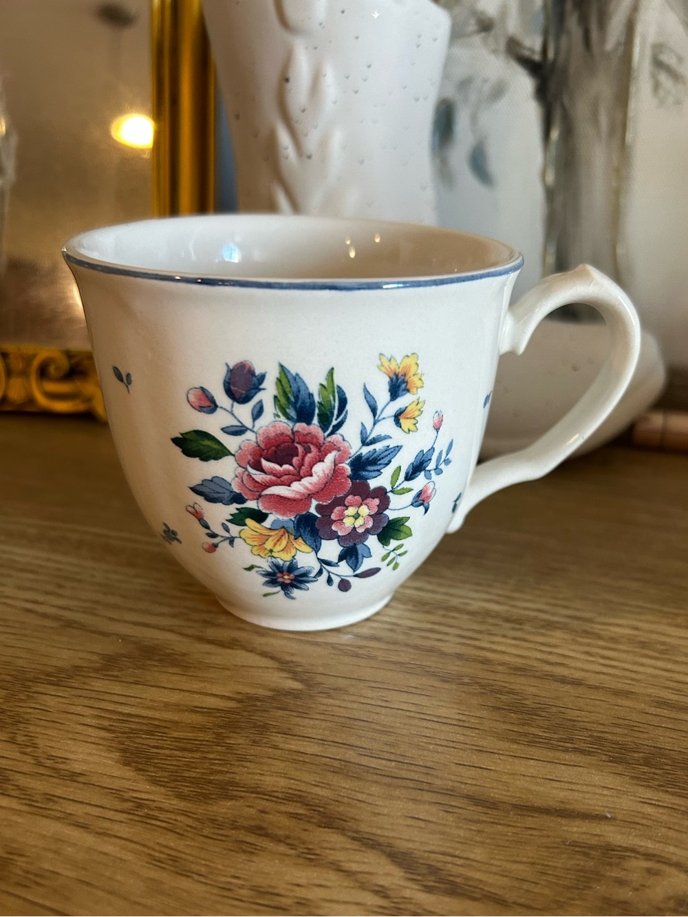 Floral Teacup - Blue Rim, Multicolor Flower Design